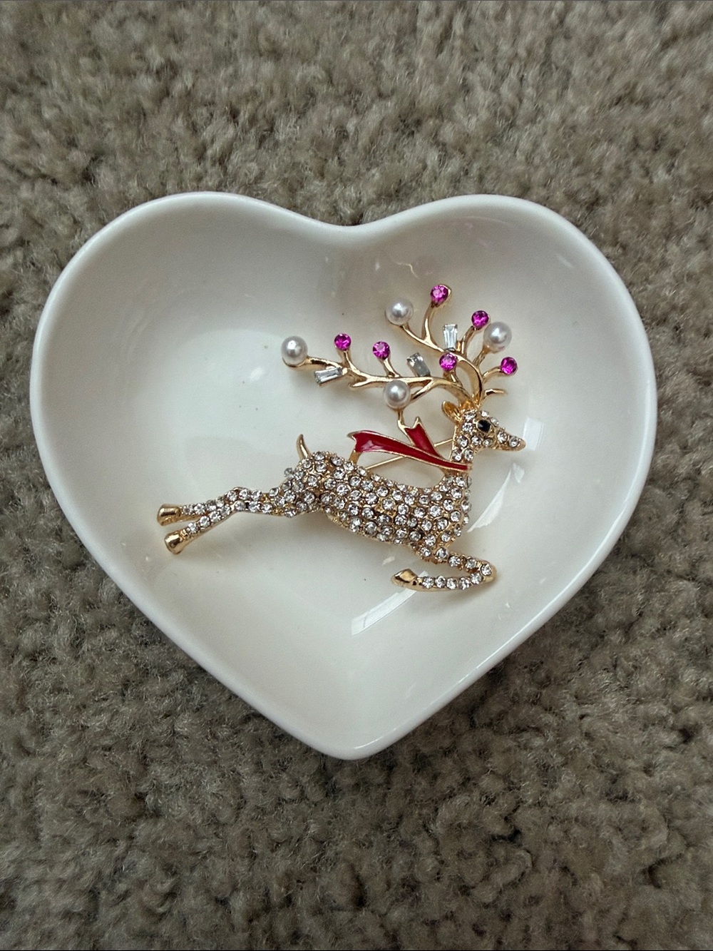 Crystal Reindeer Brooch Pin in Gold with Pink Accents